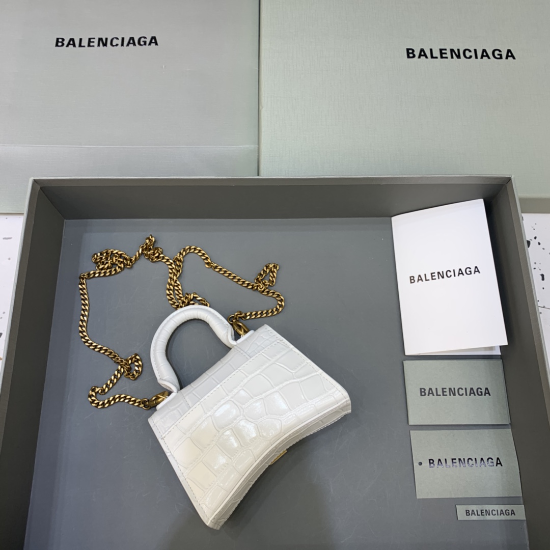 Balenciaga Hourglass Mini Handbag With Chain Crocodile Embossed Shoulder Bag White